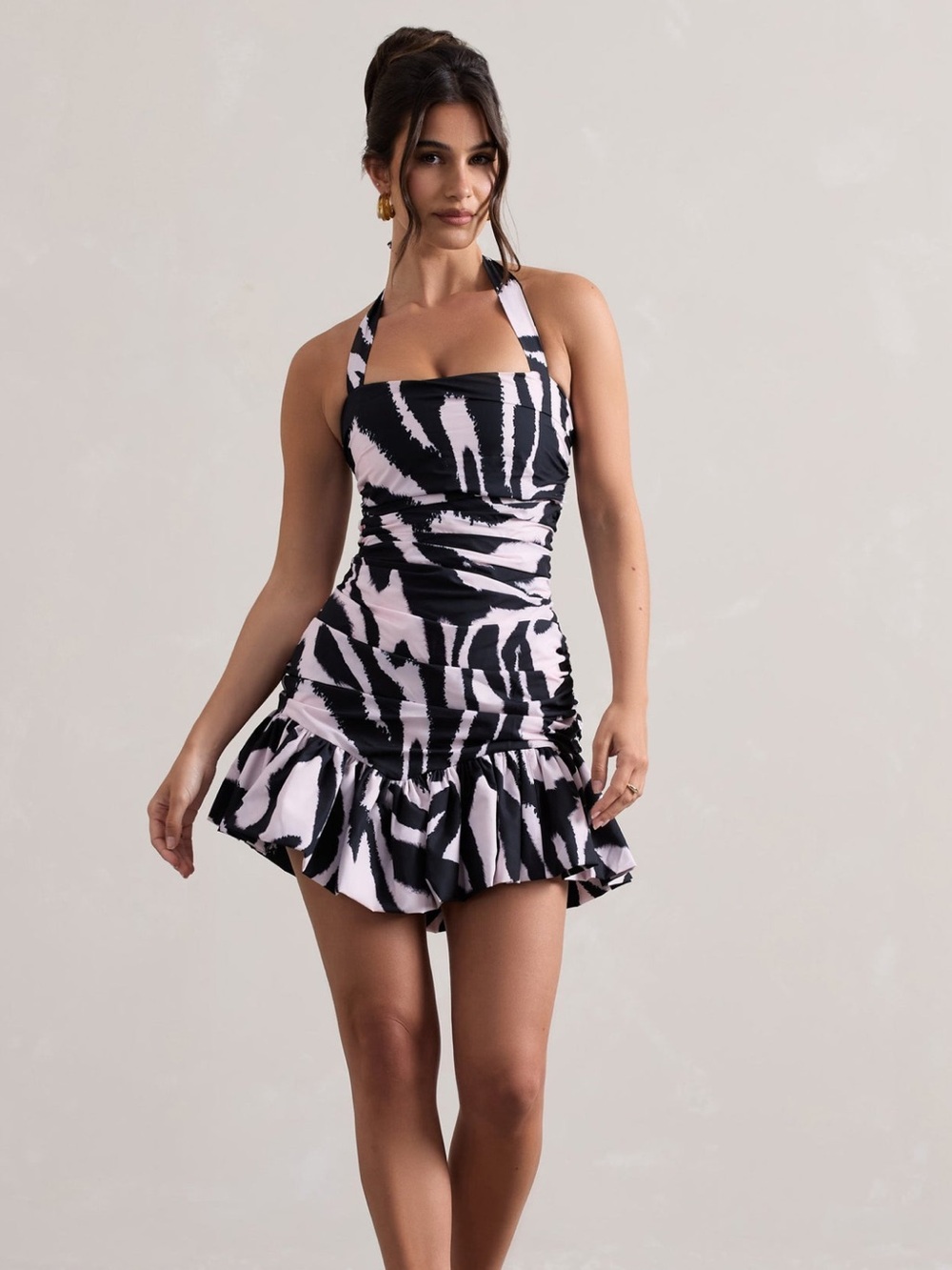 Club L London Zahra Zebra Print Halter-Neck Ruched Mini Dress With Ruffle Hem